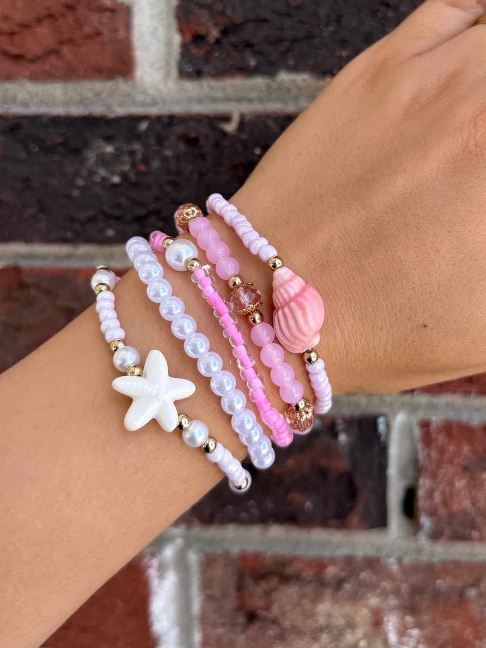 Pink Beaded Bracelet Set with Starfish Accent